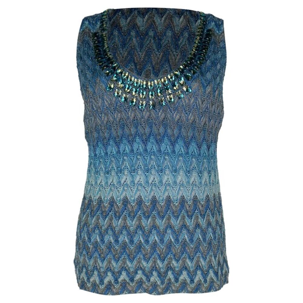 Missoni Chevron Crystal-Embellished Tan Top in Blue Rayon